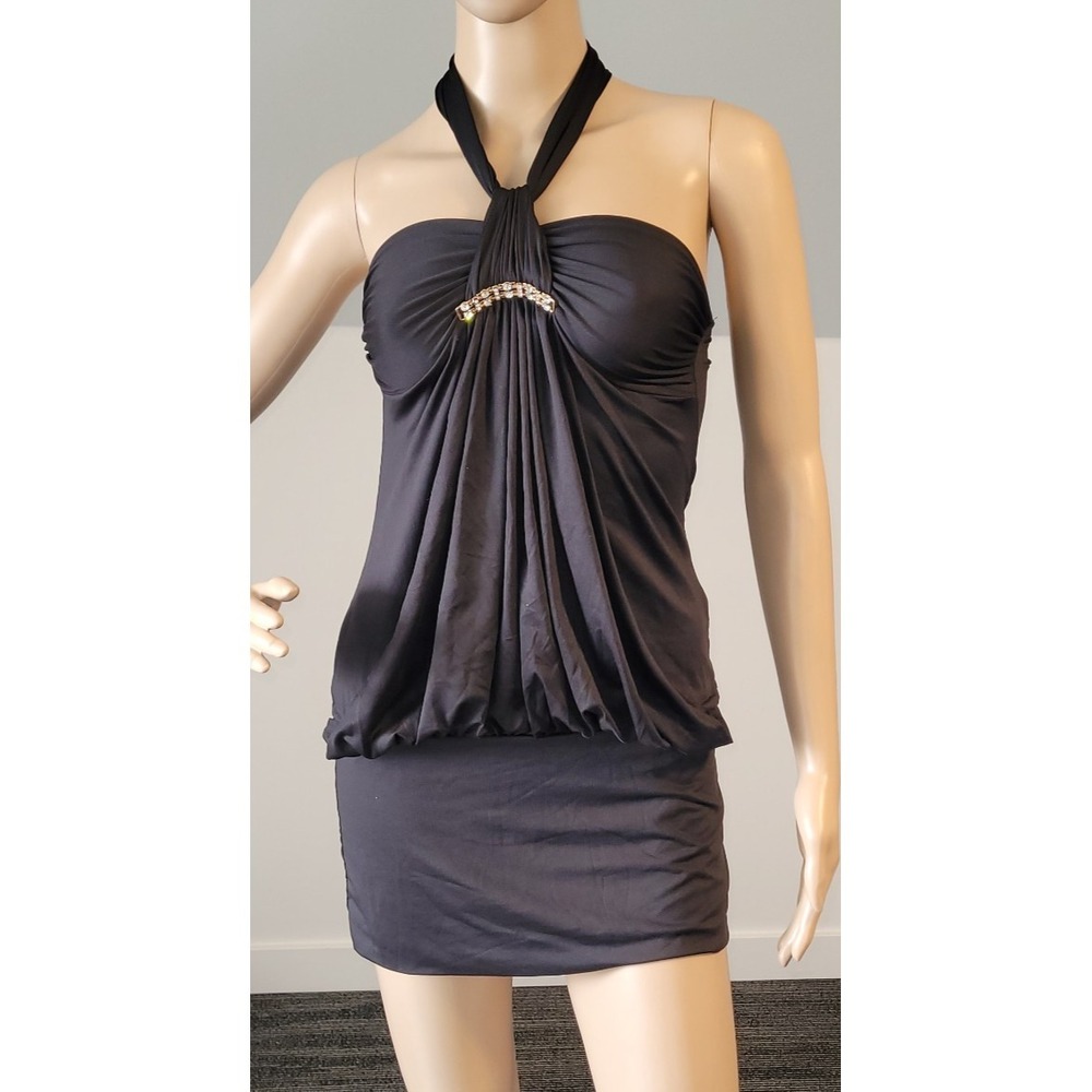 Sexy Women Black Dressy Blouse‎ Stretch Tunic with Gold Rhinestone Accent  Small